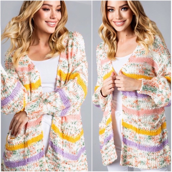 1 LEFT! Speckled Knit Women's Stripe Confetti Warm Fall Women's Cardigan Sweater - Picture 3 of 5